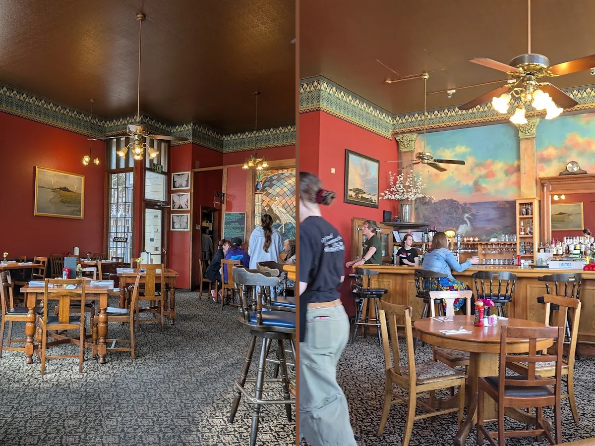 Warm restaurant interior with a vintage coastal feel.